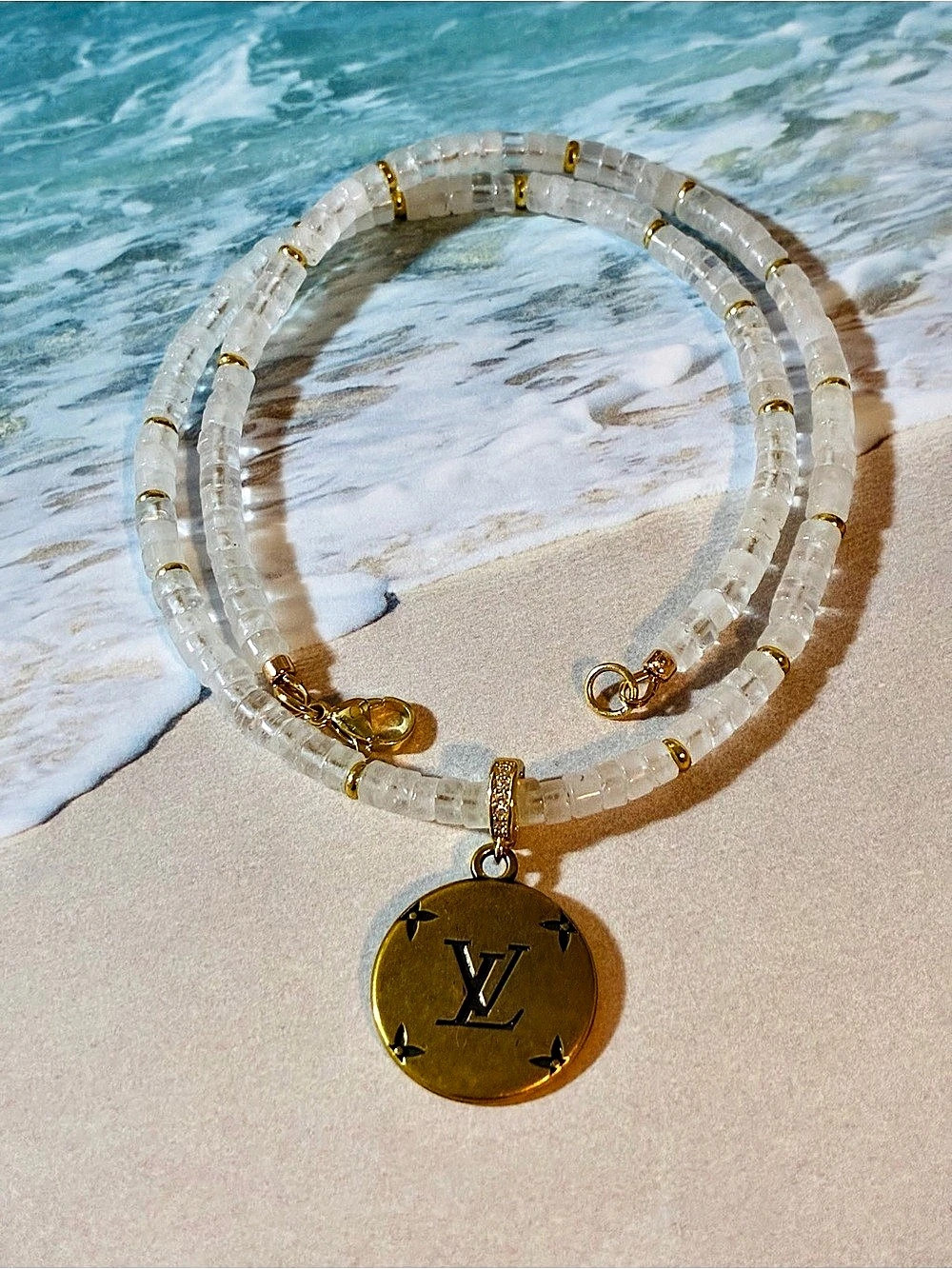 Unbranded Gold Tone Pendant On White Clear Quartz Heishi Beads Necklace